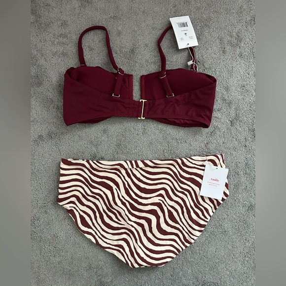 Andie Swim Bikini Cartagena Top in Burgundy Hipster Bottom in Truffle Stripe Med - Picture 7 of 8